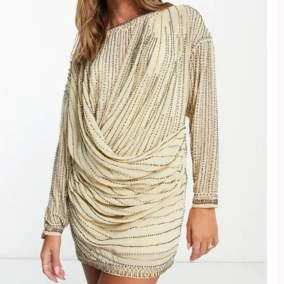 Asos Design Womens Sz 8 Embellished Long Sleeve Party Draped Detail Dress Gold - Picture 1 of 11